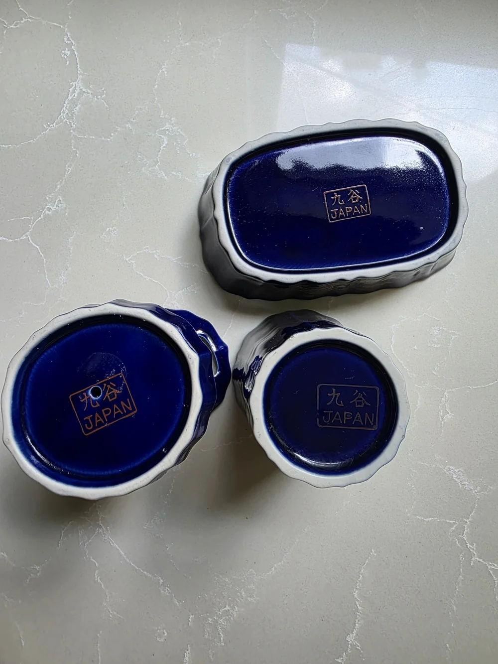 VIntage JAPANESE THREE PEICE Cobalt Blue PEACOCK & Floral Porcelain BATHROOM Set